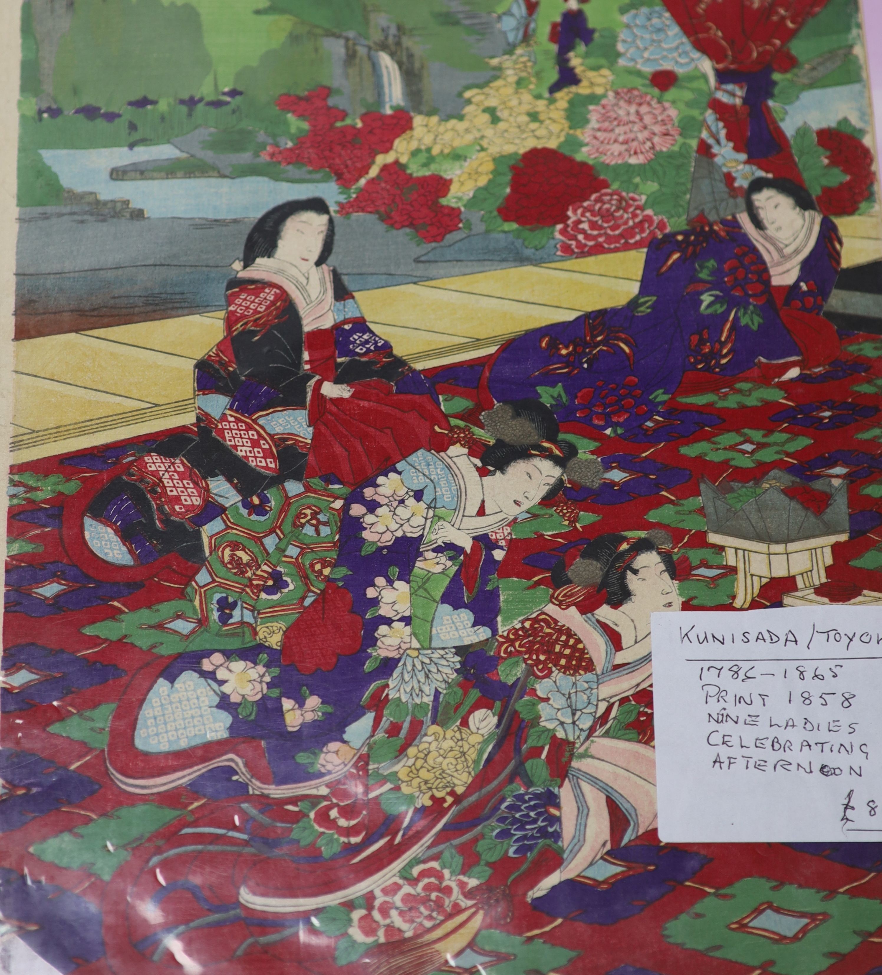 An album of 19th / 20th century Japanese woodblock prints to include works by Kunisada (diptych), Hiroshige, Shoen, Harunobu, Suzuki, Kunimasa IV, Hokki, Kunichika, Kunika, etc.